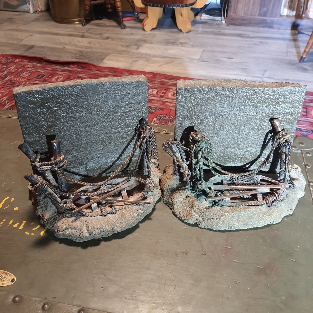Vintage Nautical Stone Back And Metal Heavy Bookends Rowboat Oars Rope